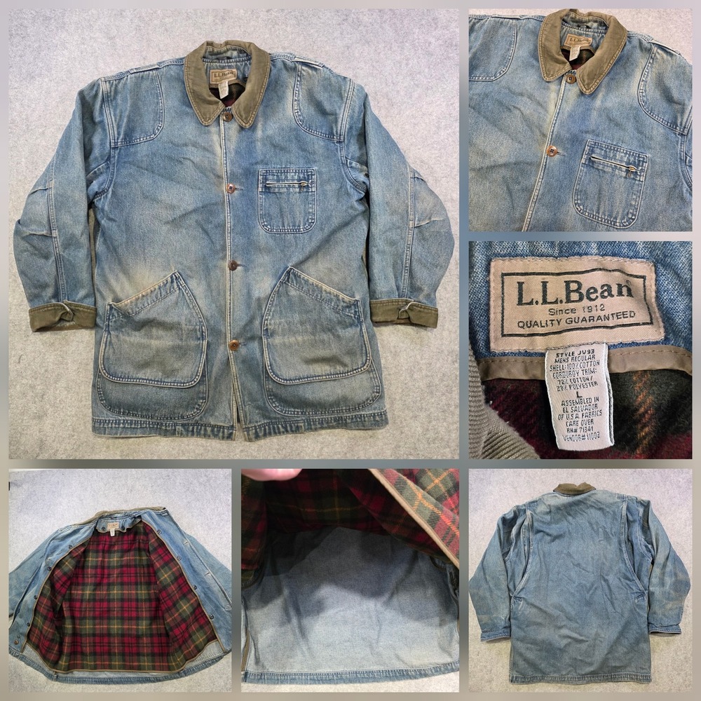 VTG LL Bean Coat Mens Large Blue Denim Barn Field Chore Plaid Lined Corduroy